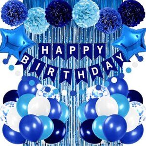 Blue Birthday Party Decorations for Boys Men Banner Balloons Pom Poms Foil Curta